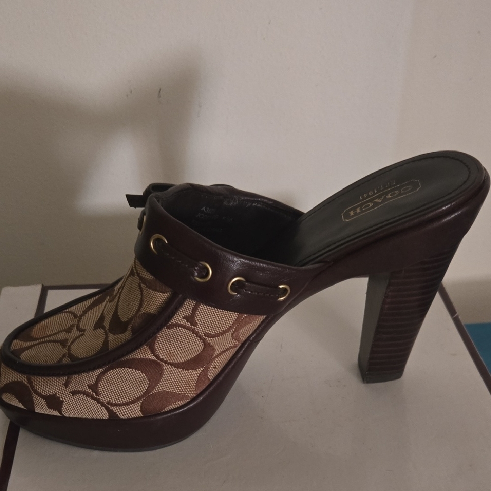 Coach Brown Canvas Logo Platform Mules with Gold Eyelets